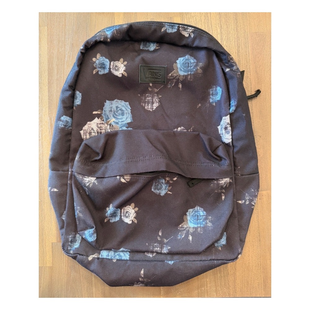 Vans Realm Backpack Black Floral Rose Print Blue White Canvas School Bag